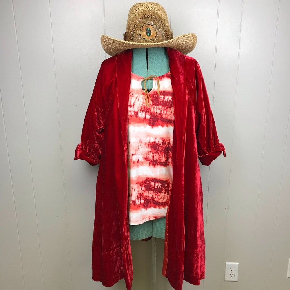 Vintage Crushed Red Velvet Long Line Jacket Pockets